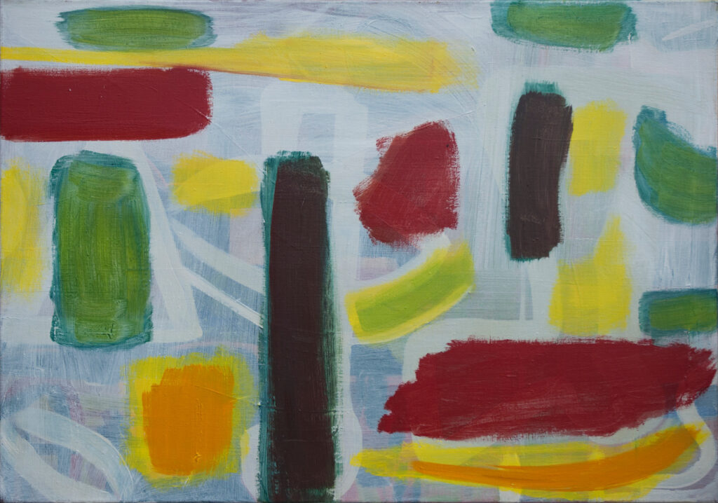 abstract painting in yellow and red with the title Amsterdam