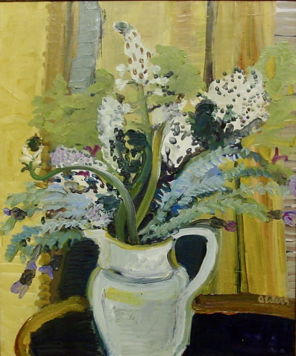 white jug with white flowers on a yellow background by Annemarie Eilers